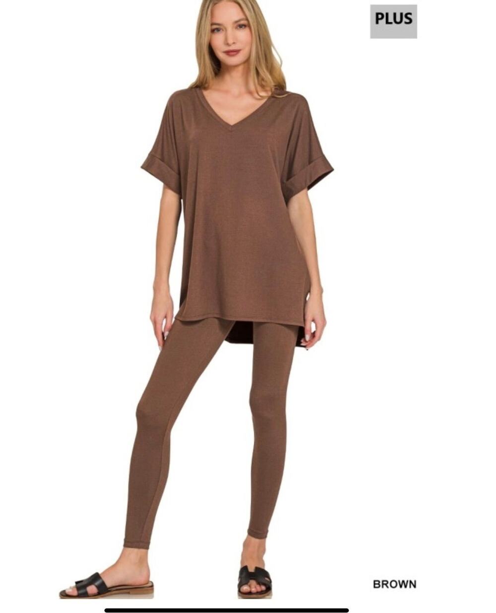 Zenana Brown V-Neck Tunic Top & Leggings Set – Size 1X